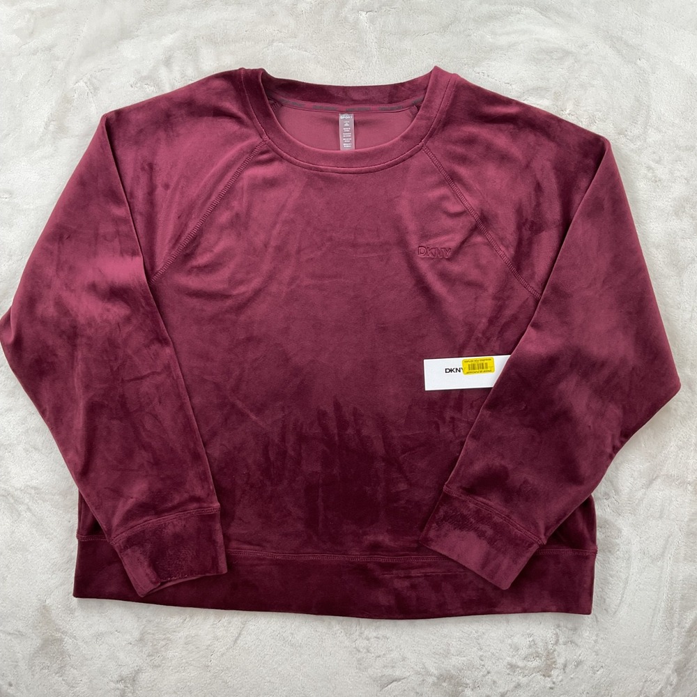 DKNY Sport Womens Velour Crewneck Sweatshirt Burgundy Raglan Sleeve Large NEW
